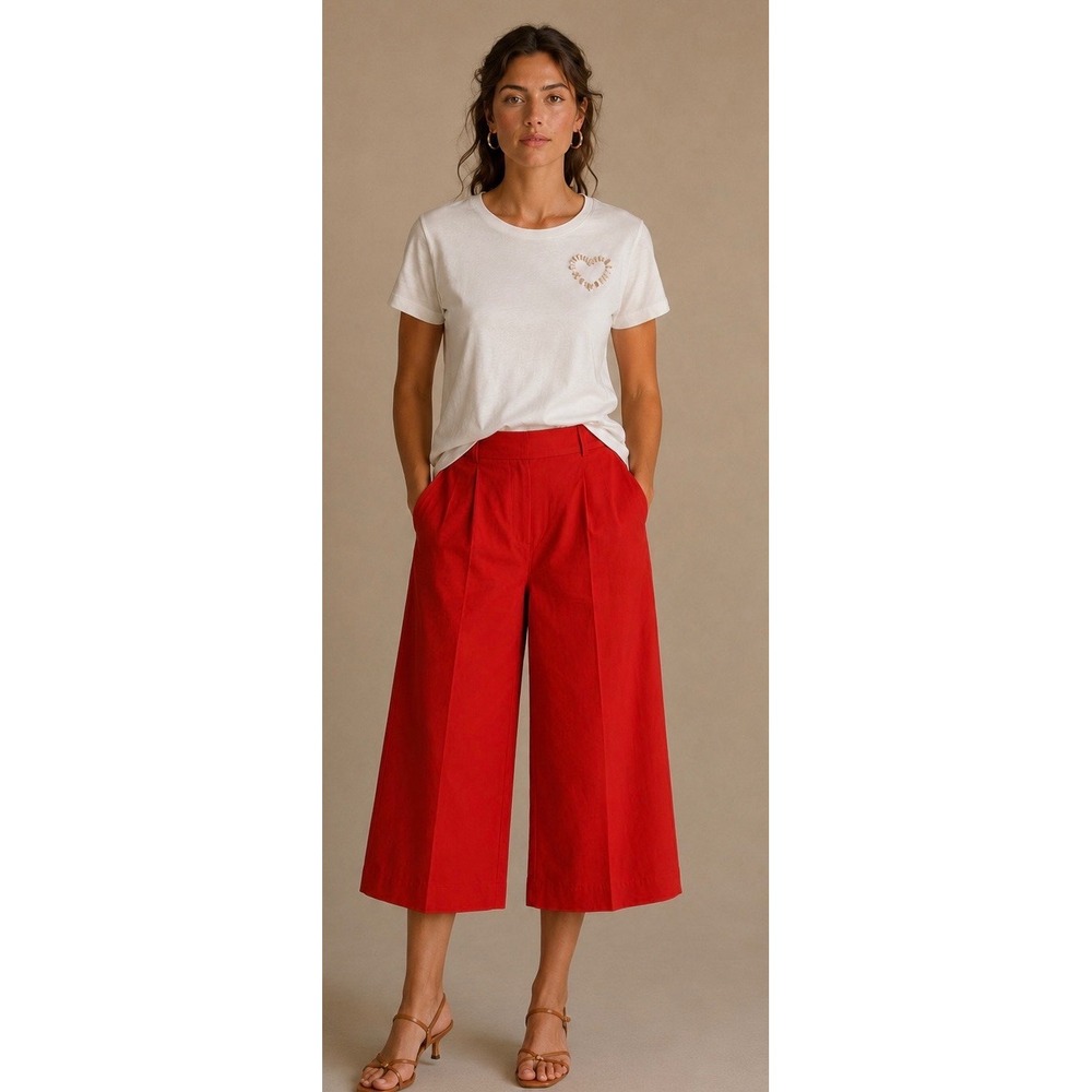 Vintage Escada Red Wide Leg Silk Culottes Crop Pleated Front Pants‎ Size 36 US 4